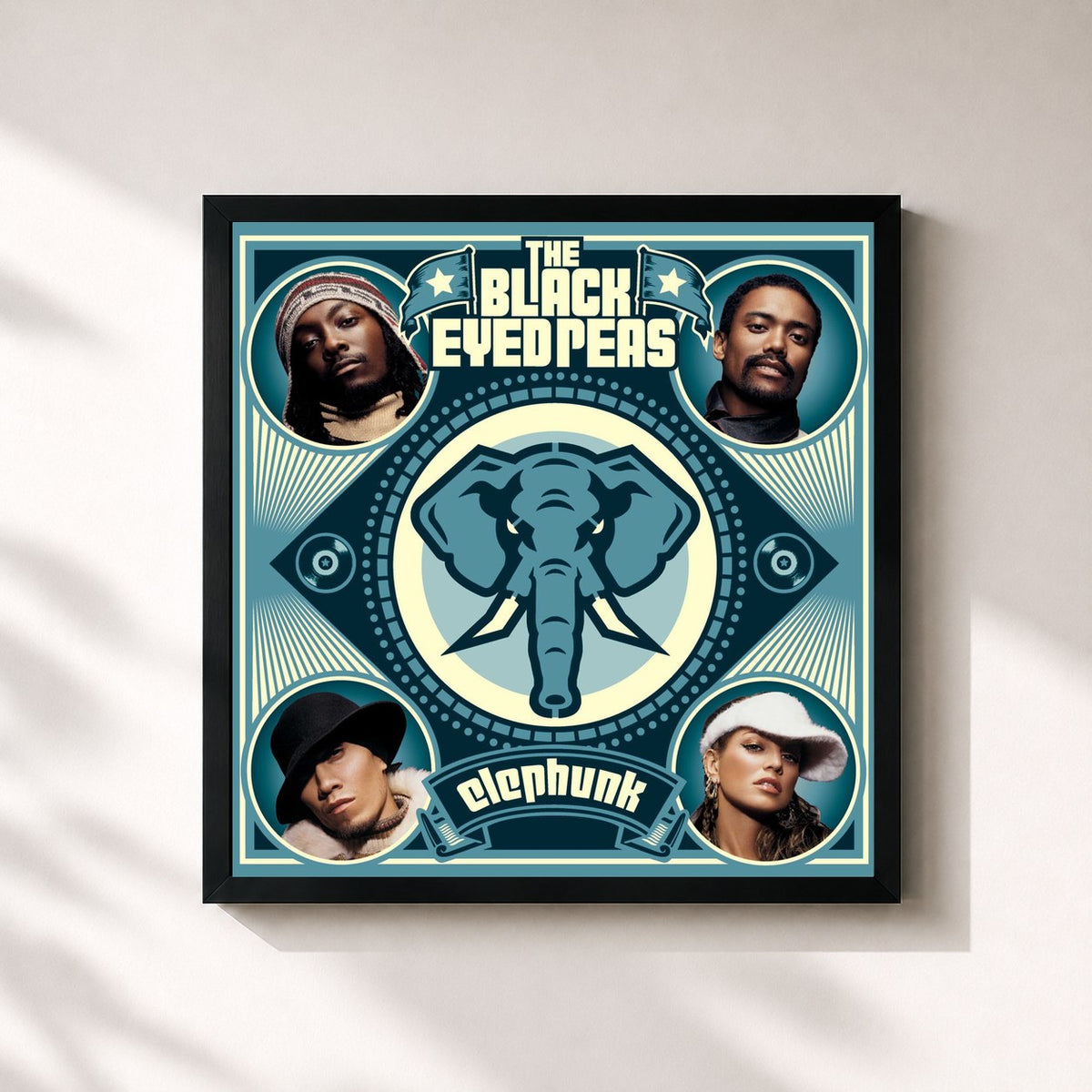 #noir Elephunk von Black Eyed Peas als quadratischer Kunstdruck, schwarzer Rahmen 32x32 cm