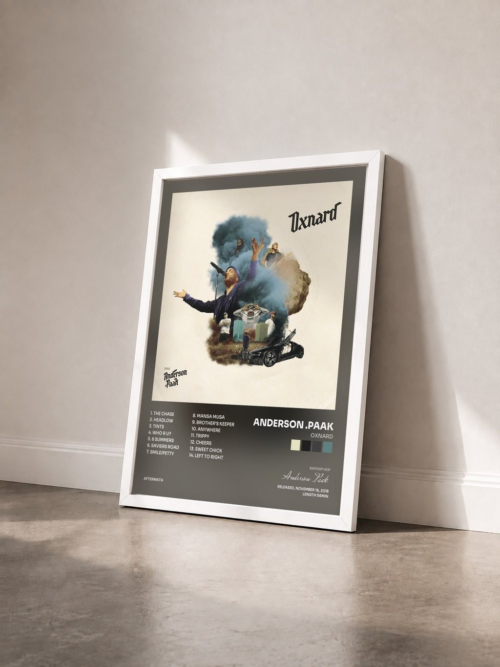 #blanc Tableau de l'album Oxnard de Anderson .Paak vu de trois quarts, cadre blanc