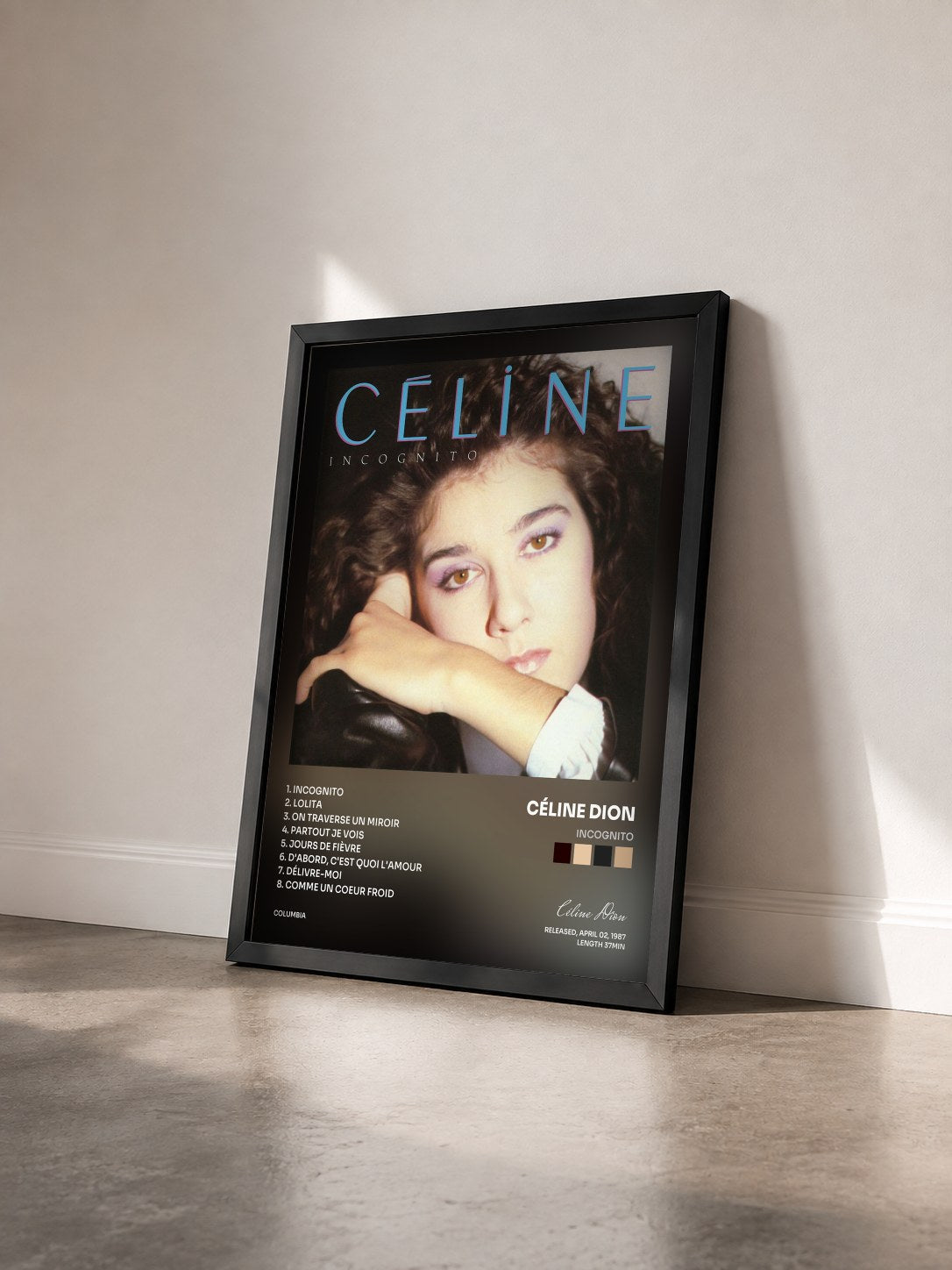 #noir Tableau de l'album Incognito de Céline Dion vu de trois quarts, cadre noir