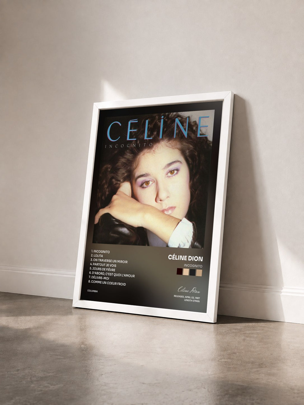 #blanc Tableau de l'album Incognito de Céline Dion vu de trois quarts, cadre blanc