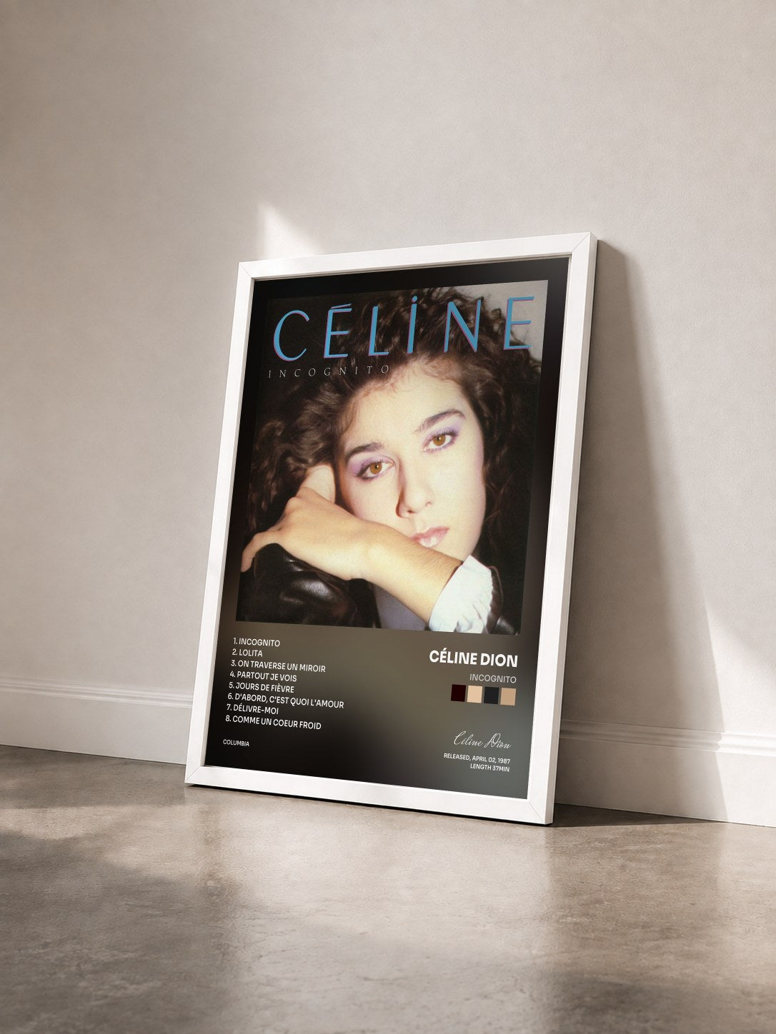 #blanc Tableau de l'album Incognito de Céline Dion vu de trois quarts, cadre blanc