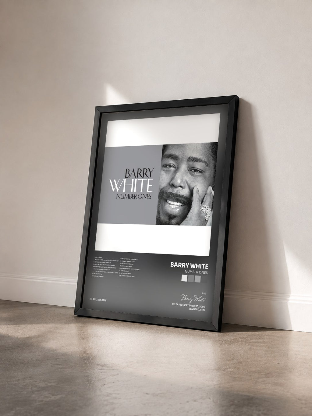 #noir Number Ones by Barry White as a framed art print seen at an angle, black frame