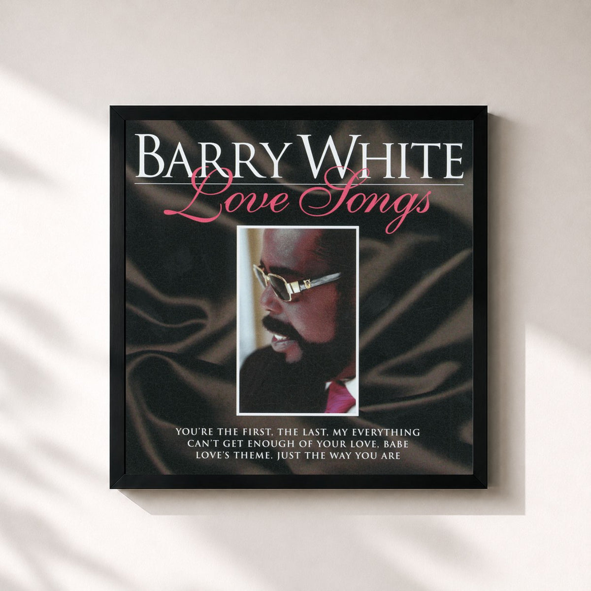 #noir Love Songs de Barry White en lámina cuadrada enmarcada, marco negro de 32x32 cm