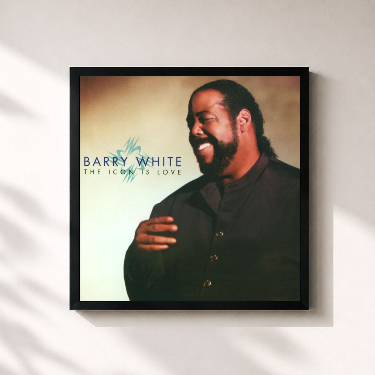 #noir The Icon Is Love de Barry White en lámina cuadrada enmarcada, marco negro de 32x32 cm