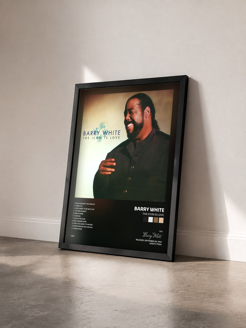 #noir The Icon Is Love by Barry White as a framed art print seen at an angle, black frame