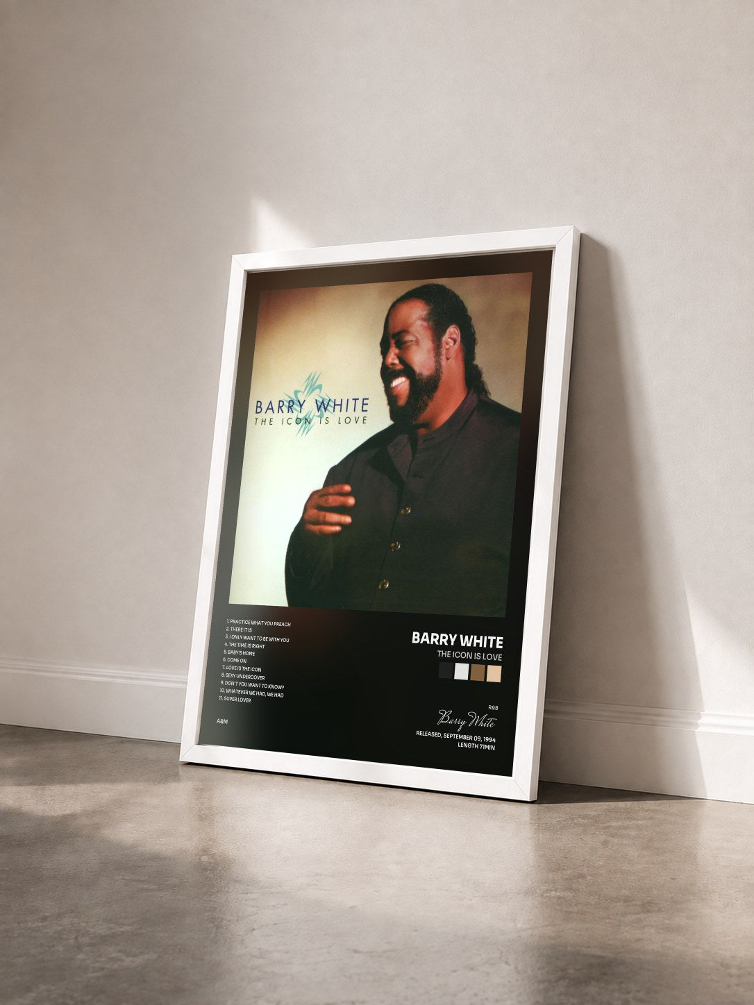 #blanc The Icon Is Love de Barry White en lámina enmarcada vista de tres cuartos, marco blanco