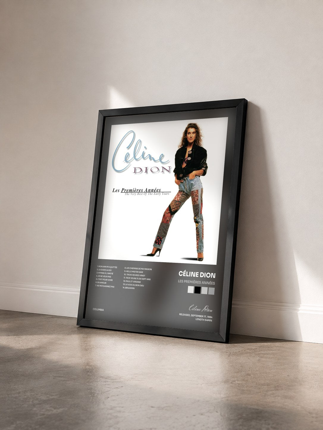#noir Tableau de l'album Les Premières Années de Céline Dion vu de trois quarts, cadre noir