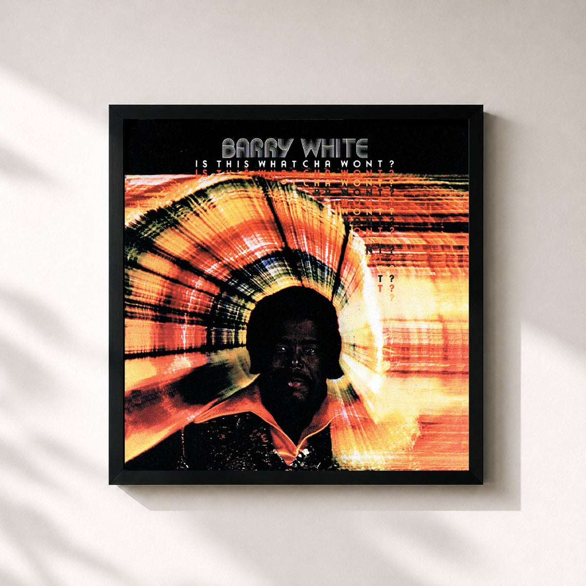 #noir Is This Whatcha Wont? de Barry White en lámina cuadrada enmarcada, marco negro de 32x32 cm
