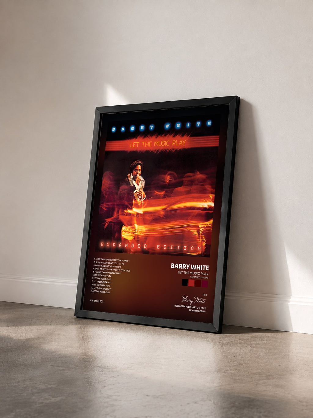 #noir Let The Music Play (Expanded Edition) de Barry White en lámina enmarcada vista de tres cuartos, marco negro