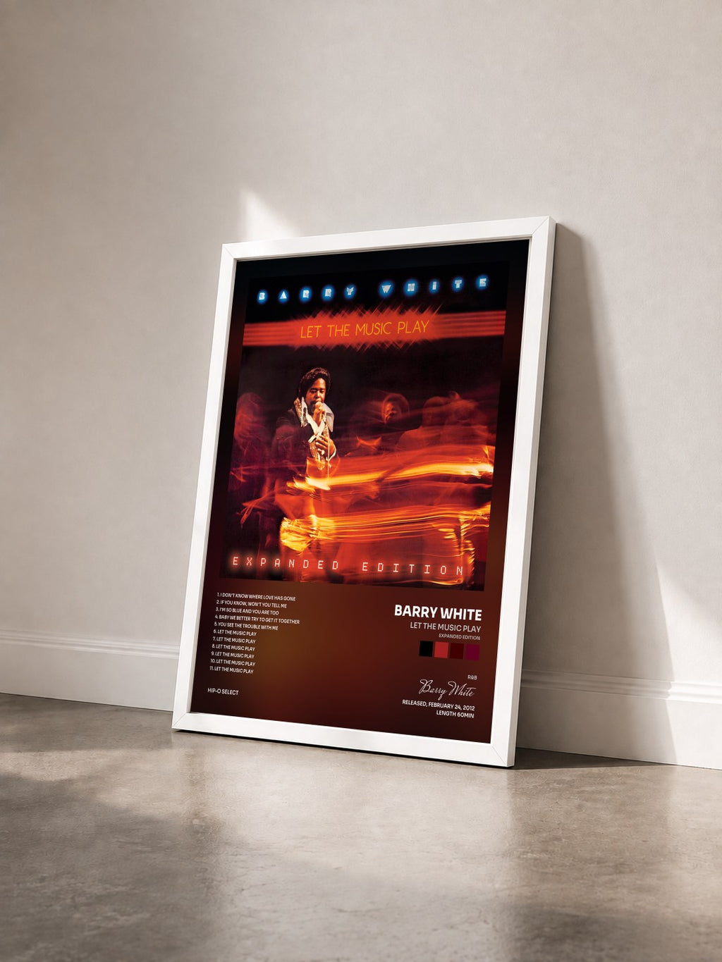 #blanc Let The Music Play (Expanded Edition) de Barry White en lámina enmarcada vista de tres cuartos, marco blanco