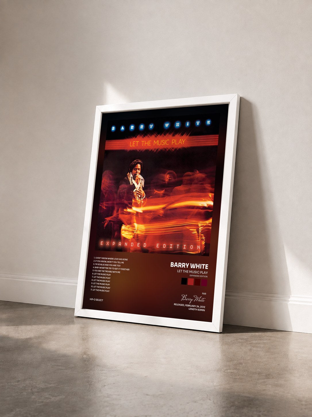 #blanc Let The Music Play (Expanded Edition) de Barry White en lámina enmarcada vista de tres cuartos, marco blanco