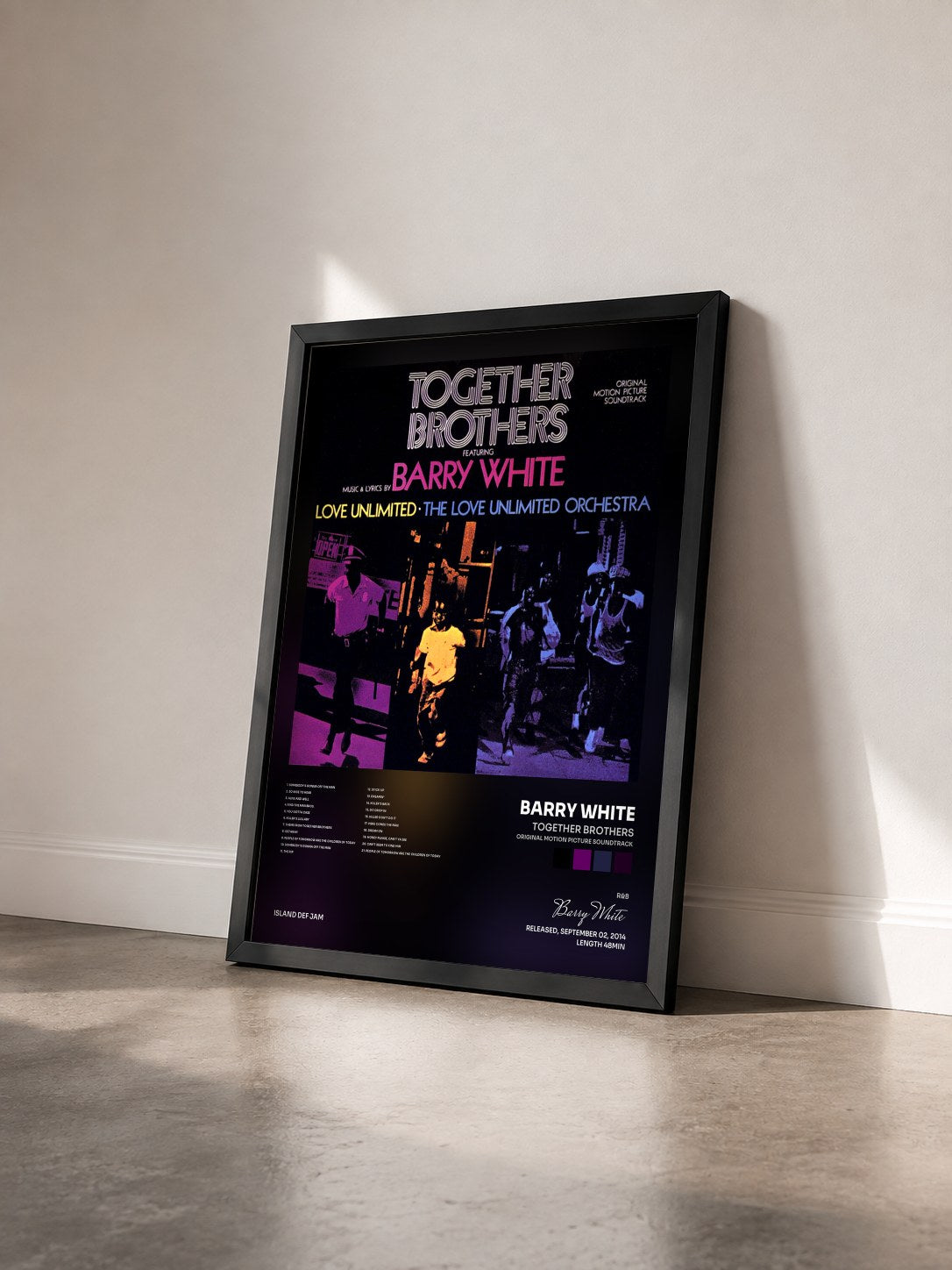 #noir Together Brothers (Original Motion Picture Soundtrack) de Barry White en lámina enmarcada vista de tres cuartos, marco negro