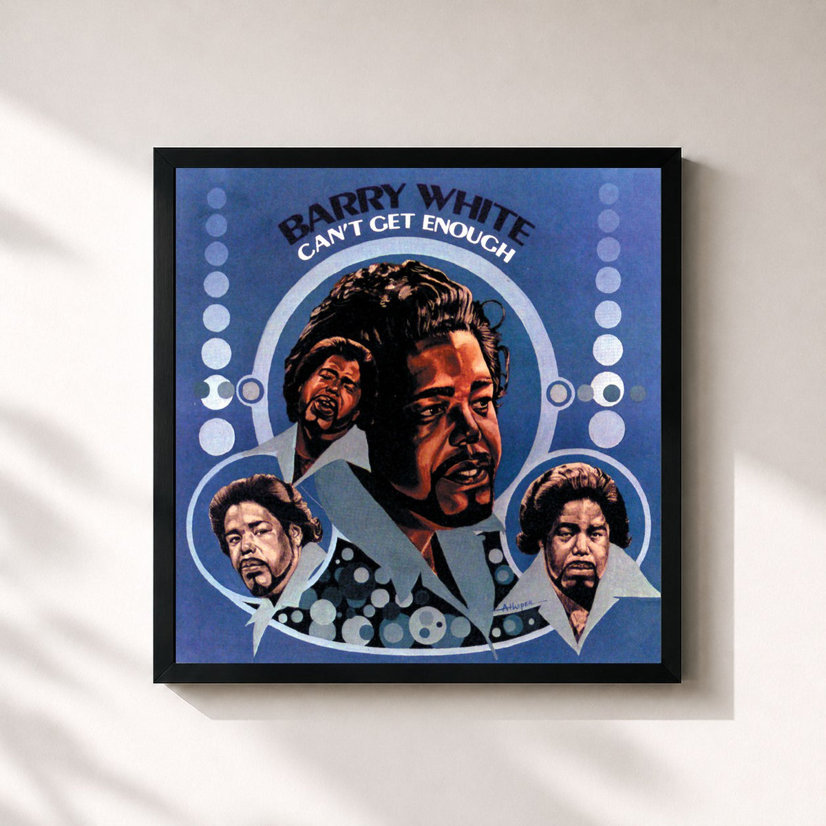 #noir Can't Get Enough de Barry White en lámina cuadrada enmarcada, marco negro de 32x32 cm