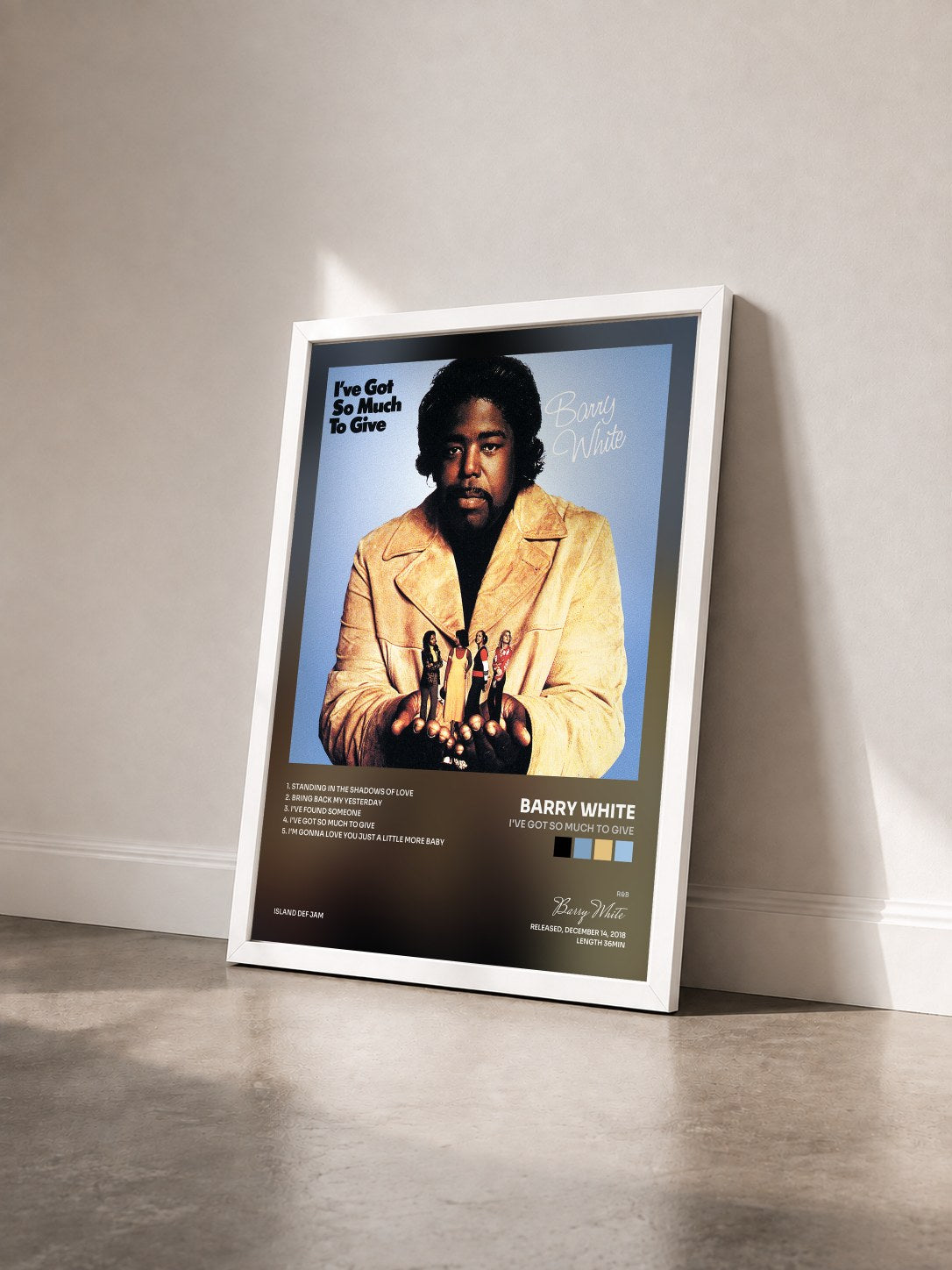 #blanc I've Got So Much To Give de Barry White en lámina enmarcada vista de tres cuartos, marco blanco