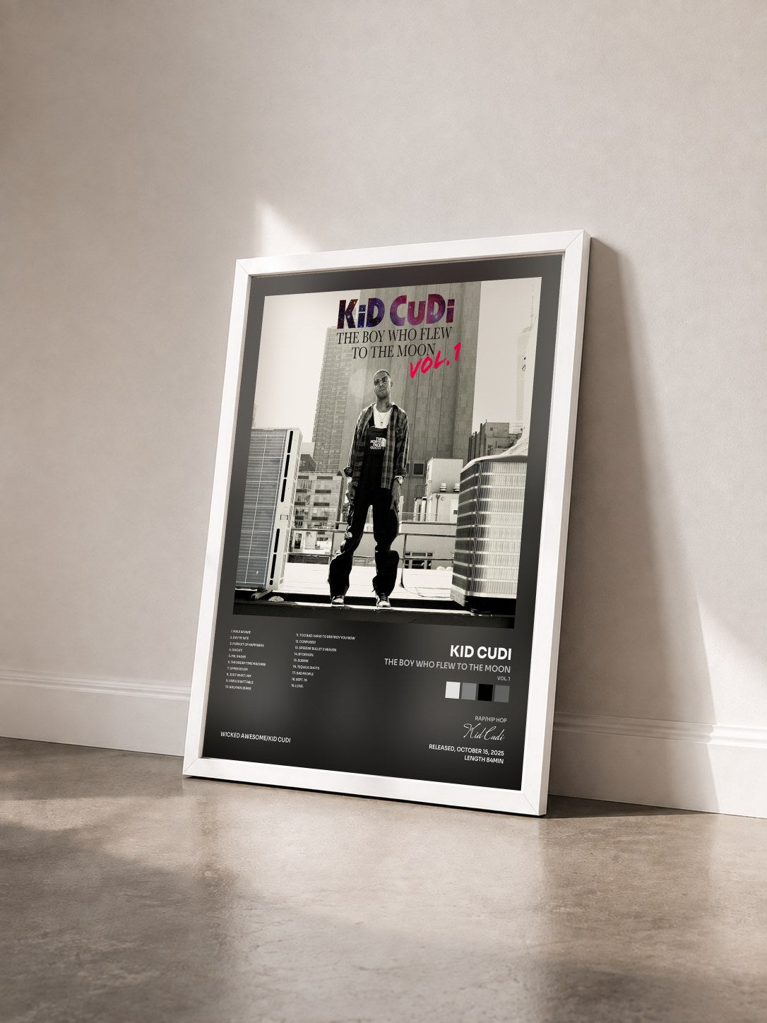 #blanc Tableau de l'album The Boy Who Flew To The Moon (Vol. 1) de Kid Cudi vu de trois quarts, cadre blanc