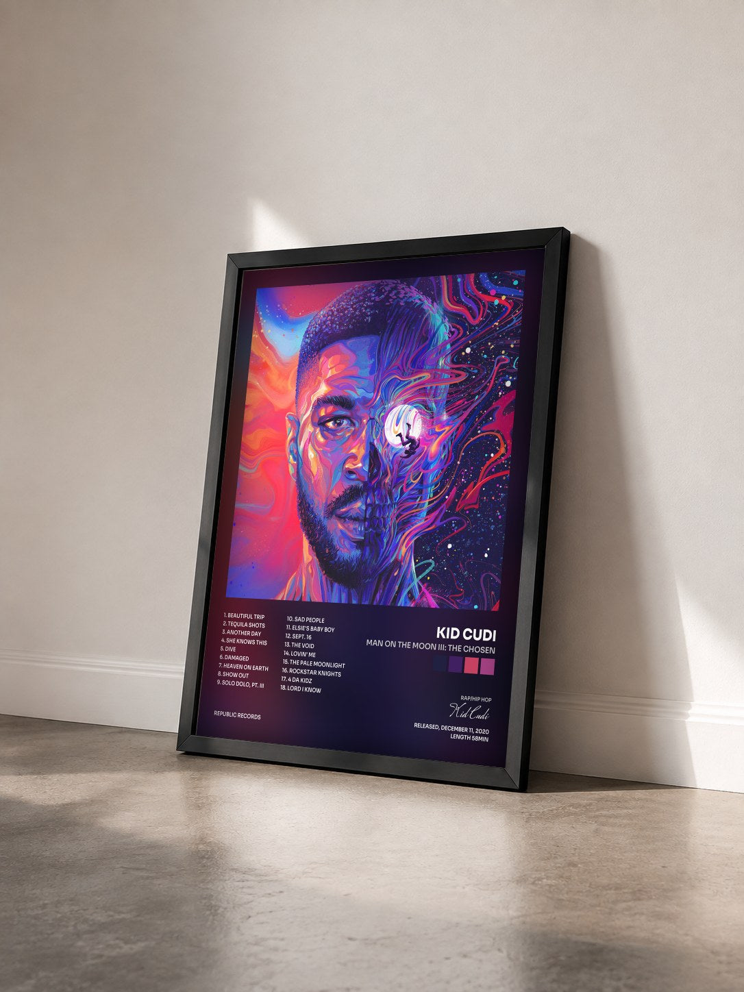 #noir Man On The Moon III: The Chosen by Kid Cudi as a framed art print seen at an angle, black frame