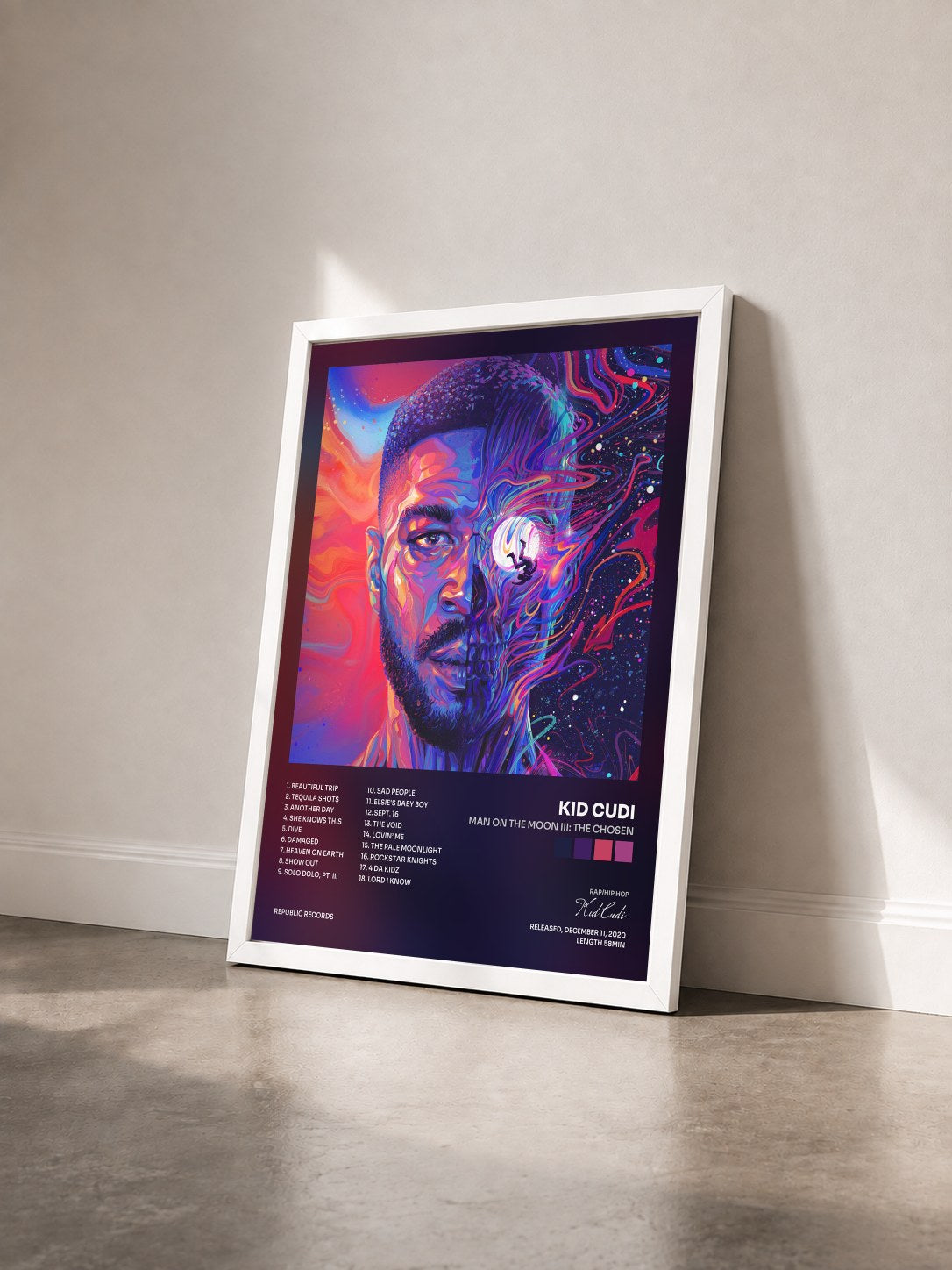 #blanc Man On The Moon III: The Chosen by Kid Cudi as a framed art print seen at an angle, white frame