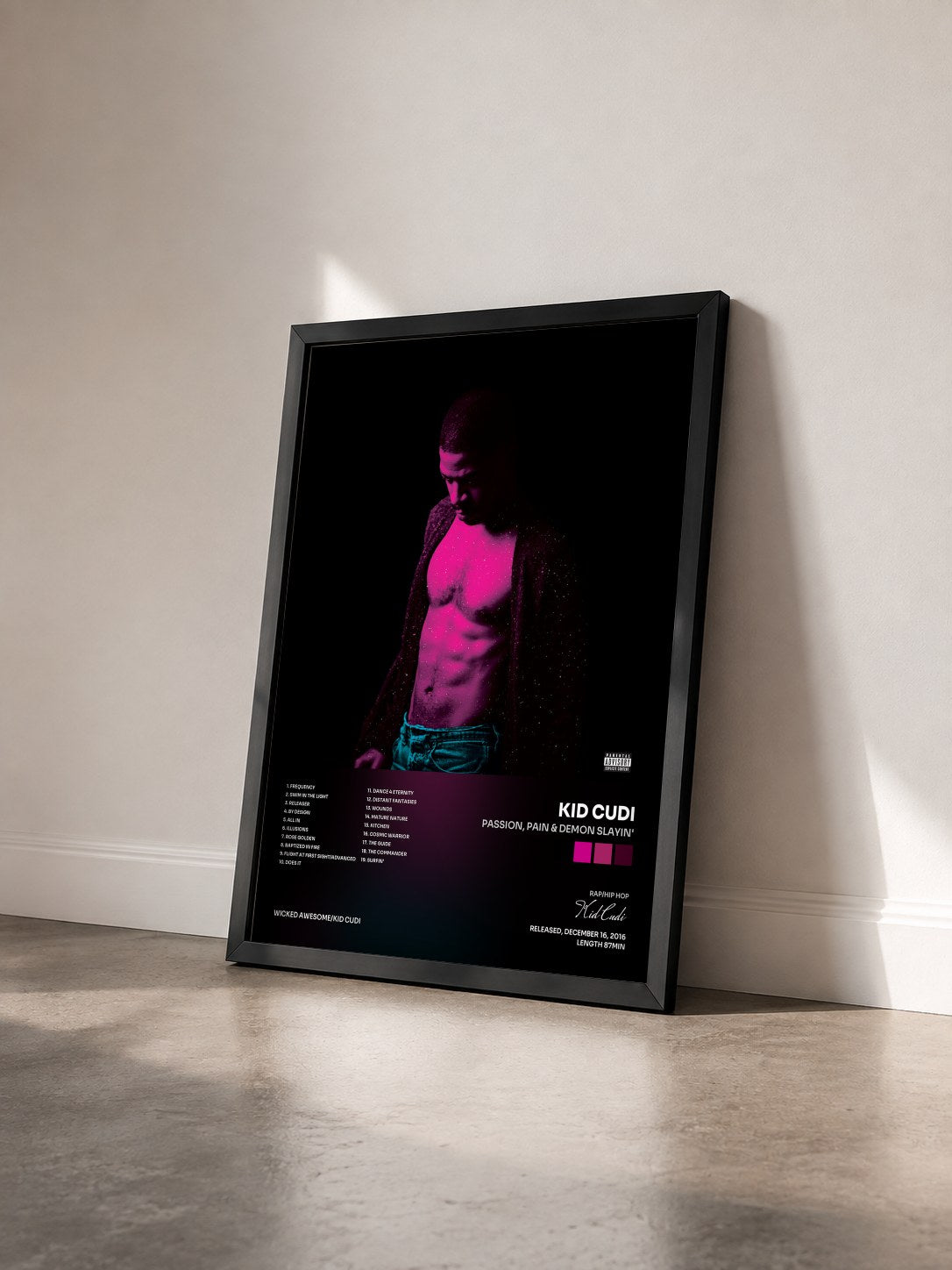 #noir Tableau de l'album Passion, Pain & Demon Slayin' de Kid Cudi vu de trois quarts, cadre noir