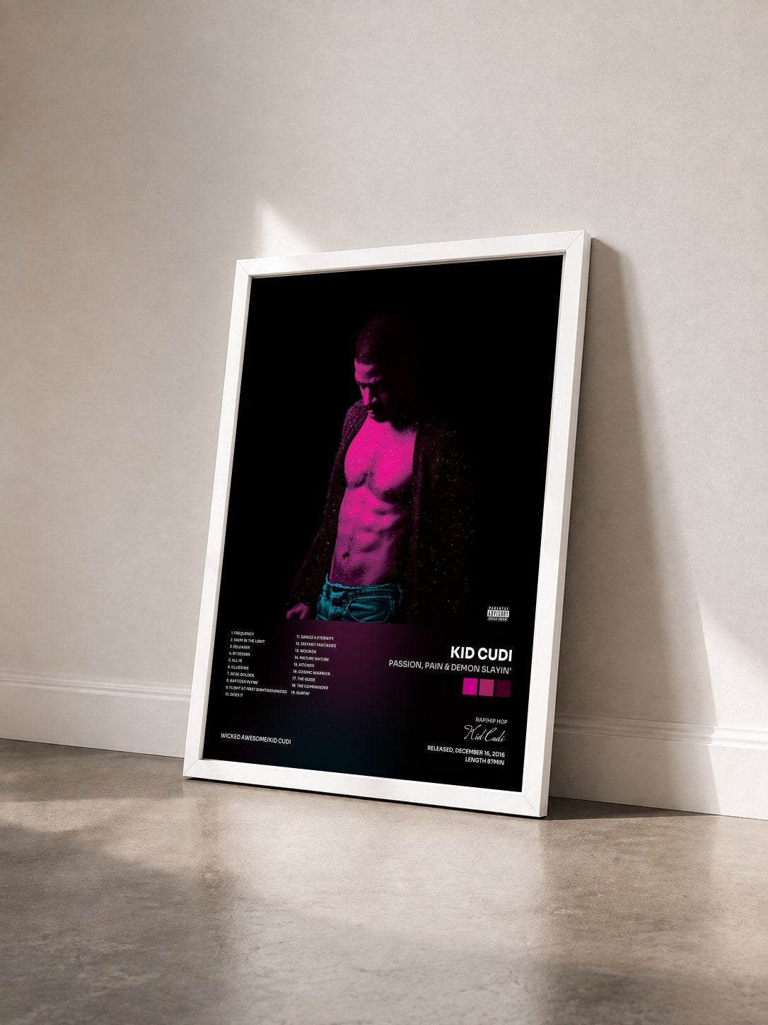 #blanc Tableau de l'album Passion, Pain & Demon Slayin' de Kid Cudi vu de trois quarts, cadre blanc