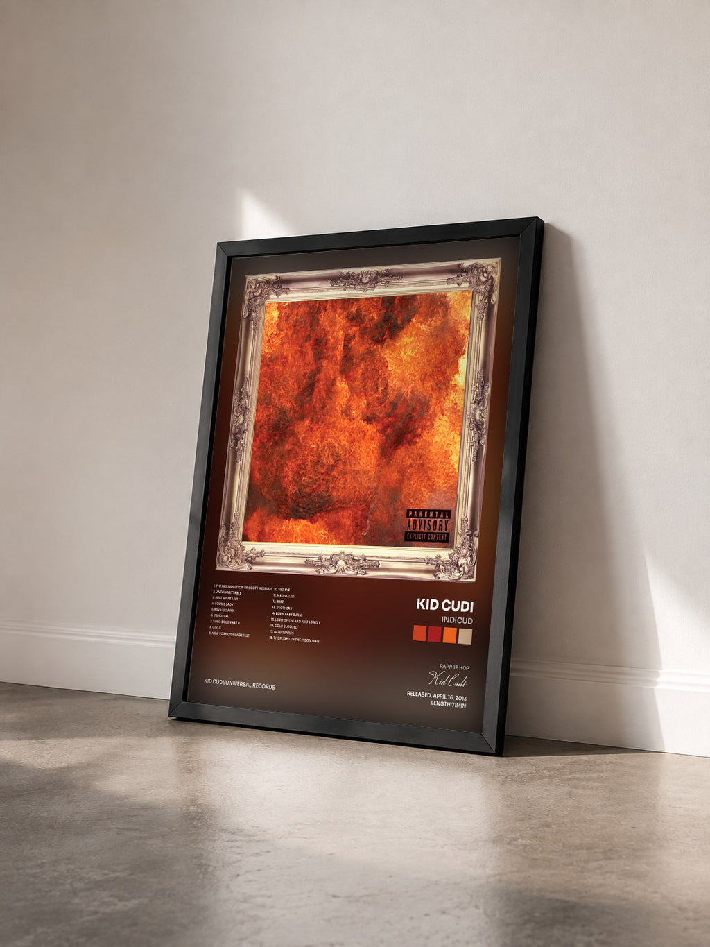 #noir Tableau de l'album Indicud de Kid Cudi vu de trois quarts, cadre noir