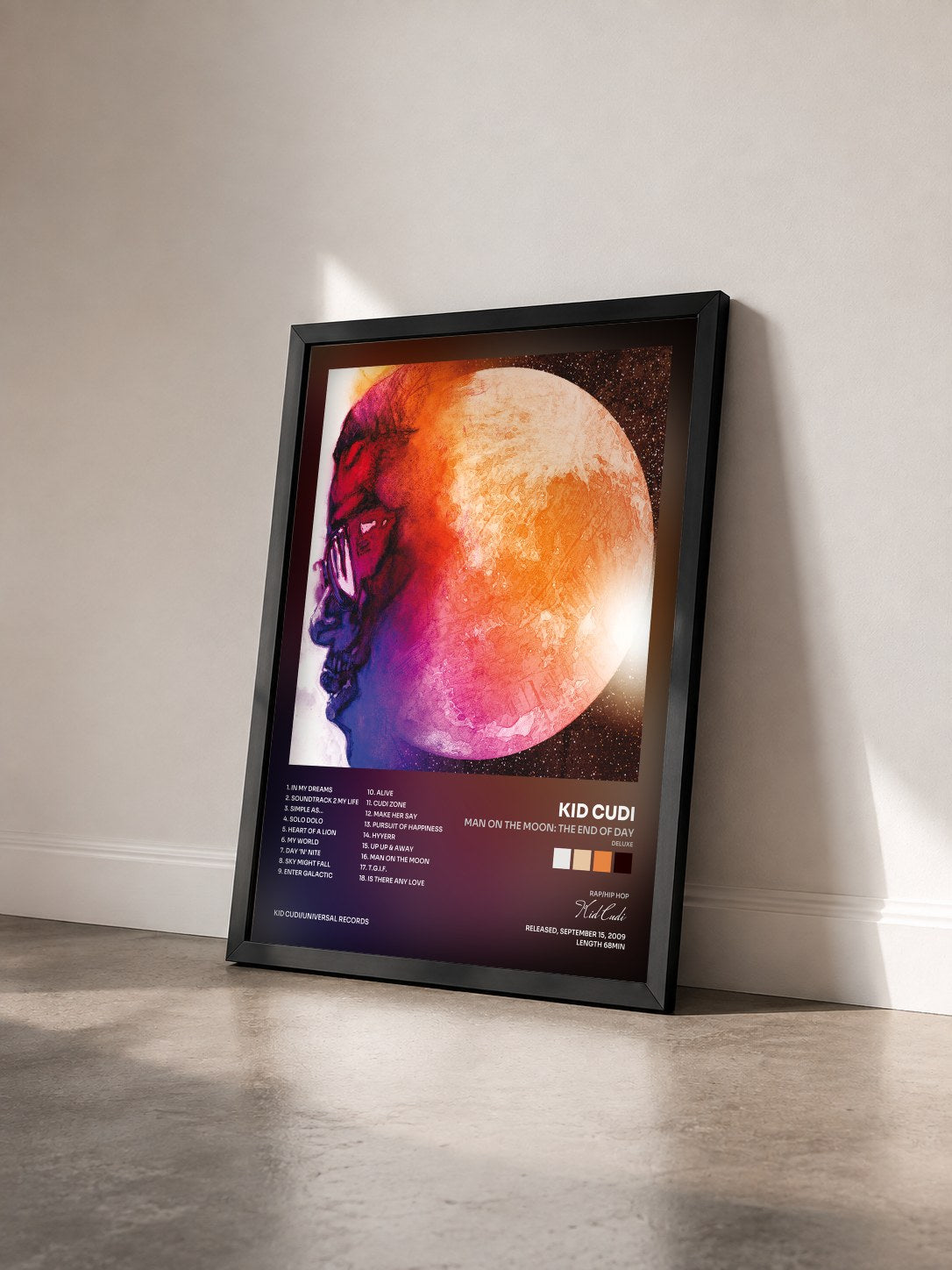 #noir Tableau de l'album Man On The Moon: The End Of Day (Deluxe) de Kid Cudi vu de trois quarts, cadre noir