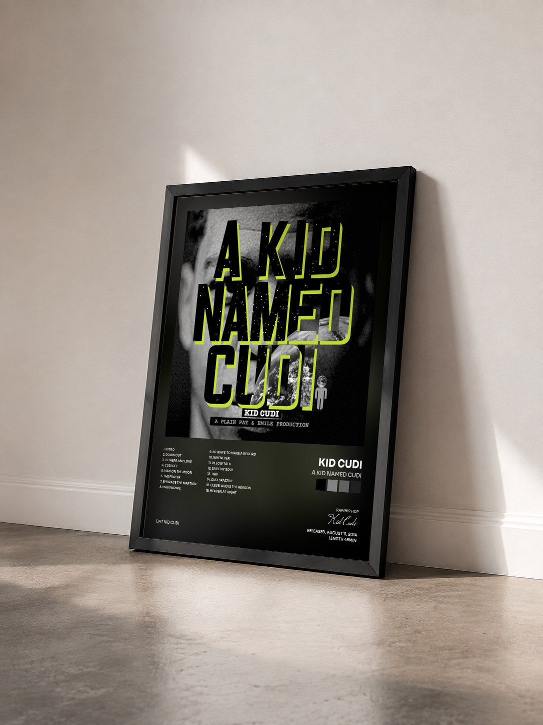#noir Tableau de l'album A Kid Named Cudi de Kid Cudi vu de trois quarts, cadre noir