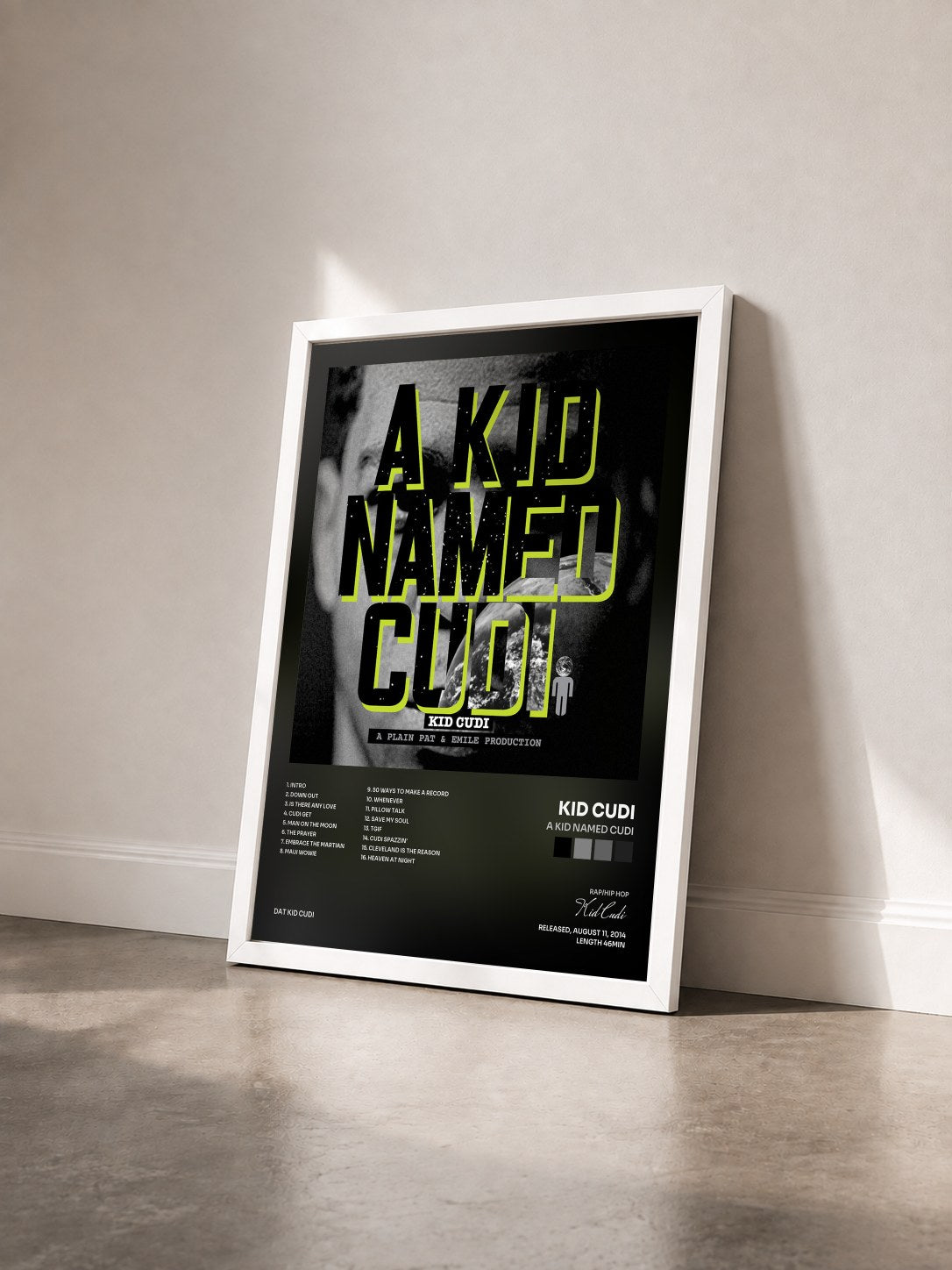 #blanc Tableau de l'album A Kid Named Cudi de Kid Cudi vu de trois quarts, cadre blanc