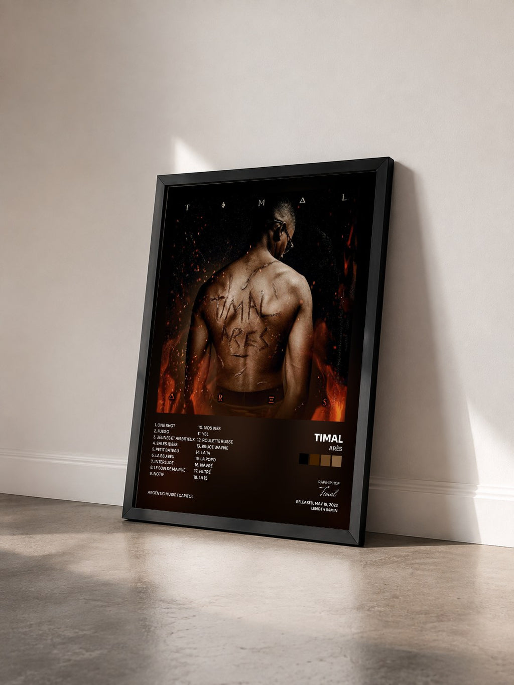 #noir Arès by Timal as a framed art print seen at an angle, black frame