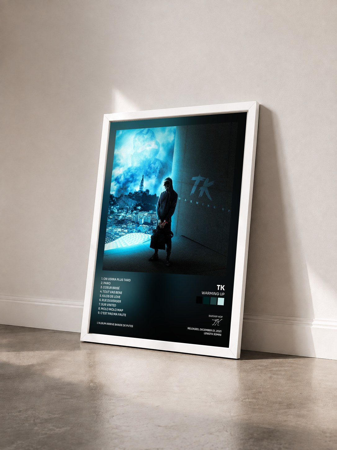#blanc Tableau de l'album Warming Up de TK vu de trois quarts, cadre blanc