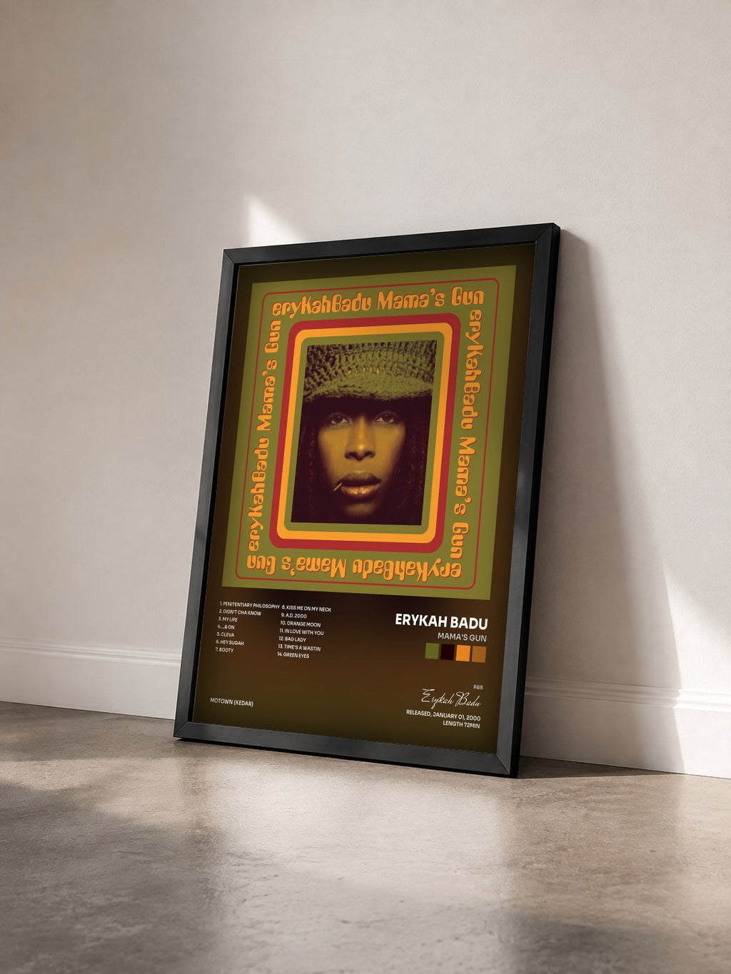 #noir Mama's Gun de Erykah Badu en lámina enmarcada vista de tres cuartos, marco negro
