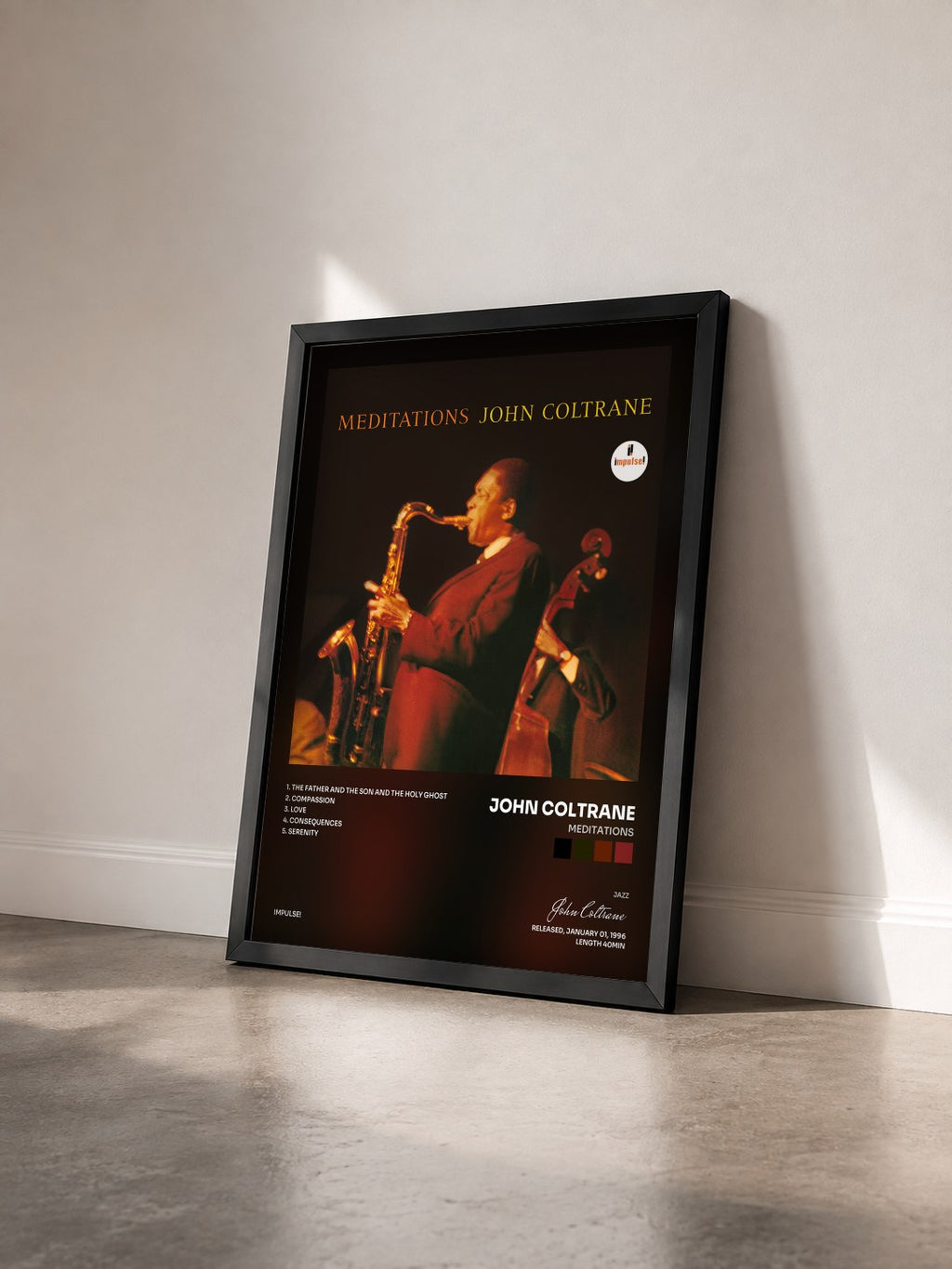#noir Meditations di John Coltrane in stampa incorniciata vista di tre quarti, cornice nera