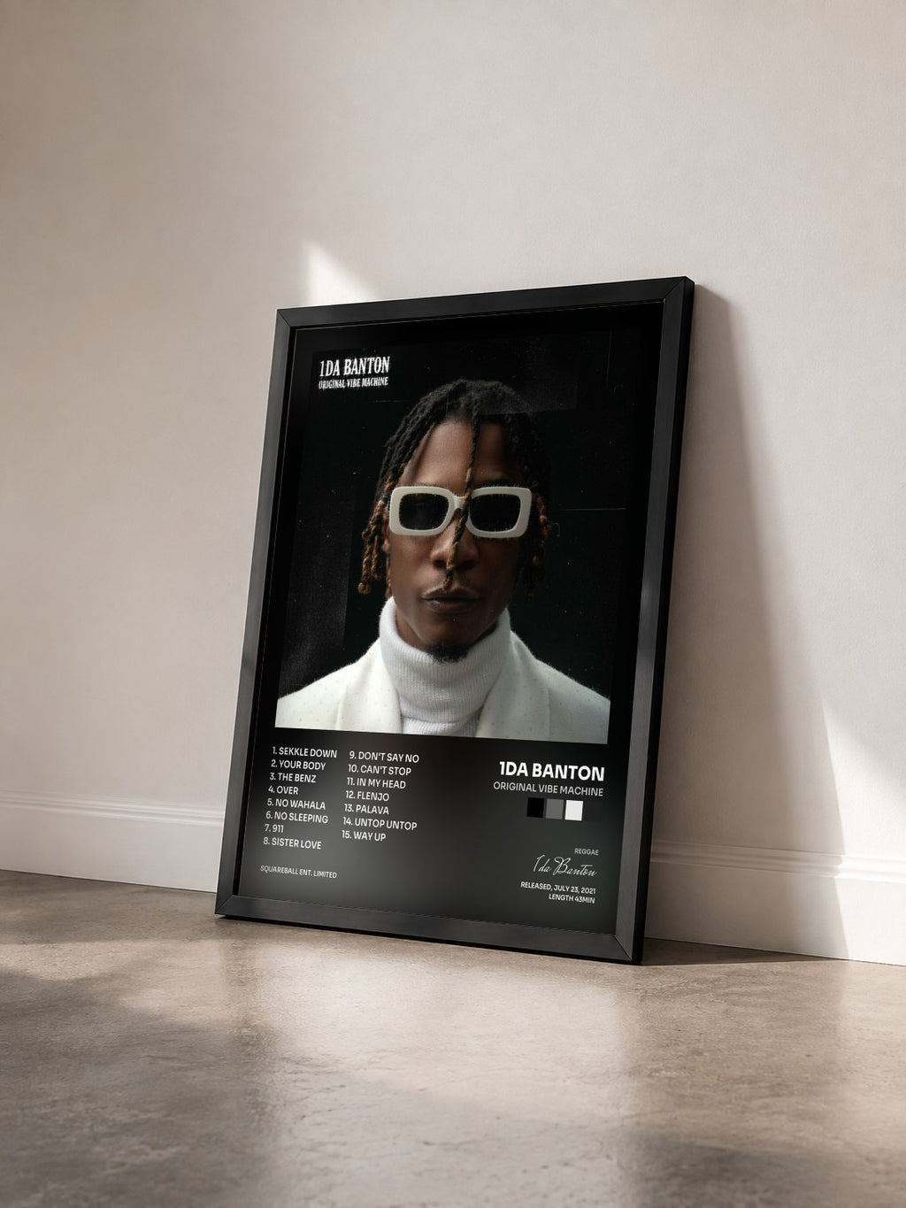 #noir Tableau de l'album Original Vibe Machine de 1da Banton vu de trois quarts, cadre noir