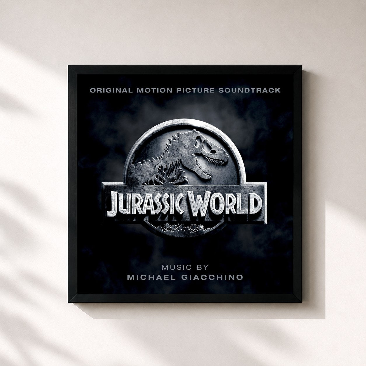 #noir Tableau carré de l'album Jurassic World (Original Motion Picture Soundtrack) de Michael Giacchino, cadre noir 32x32 cm