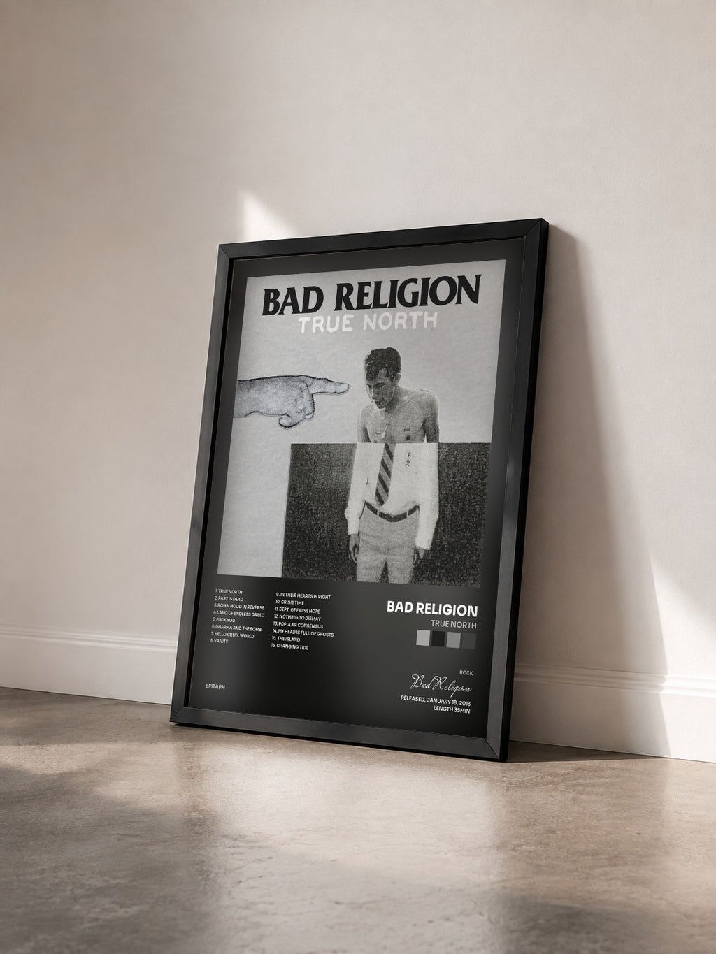 #noir True North by Bad Religion as a framed art print seen at an angle, black frame