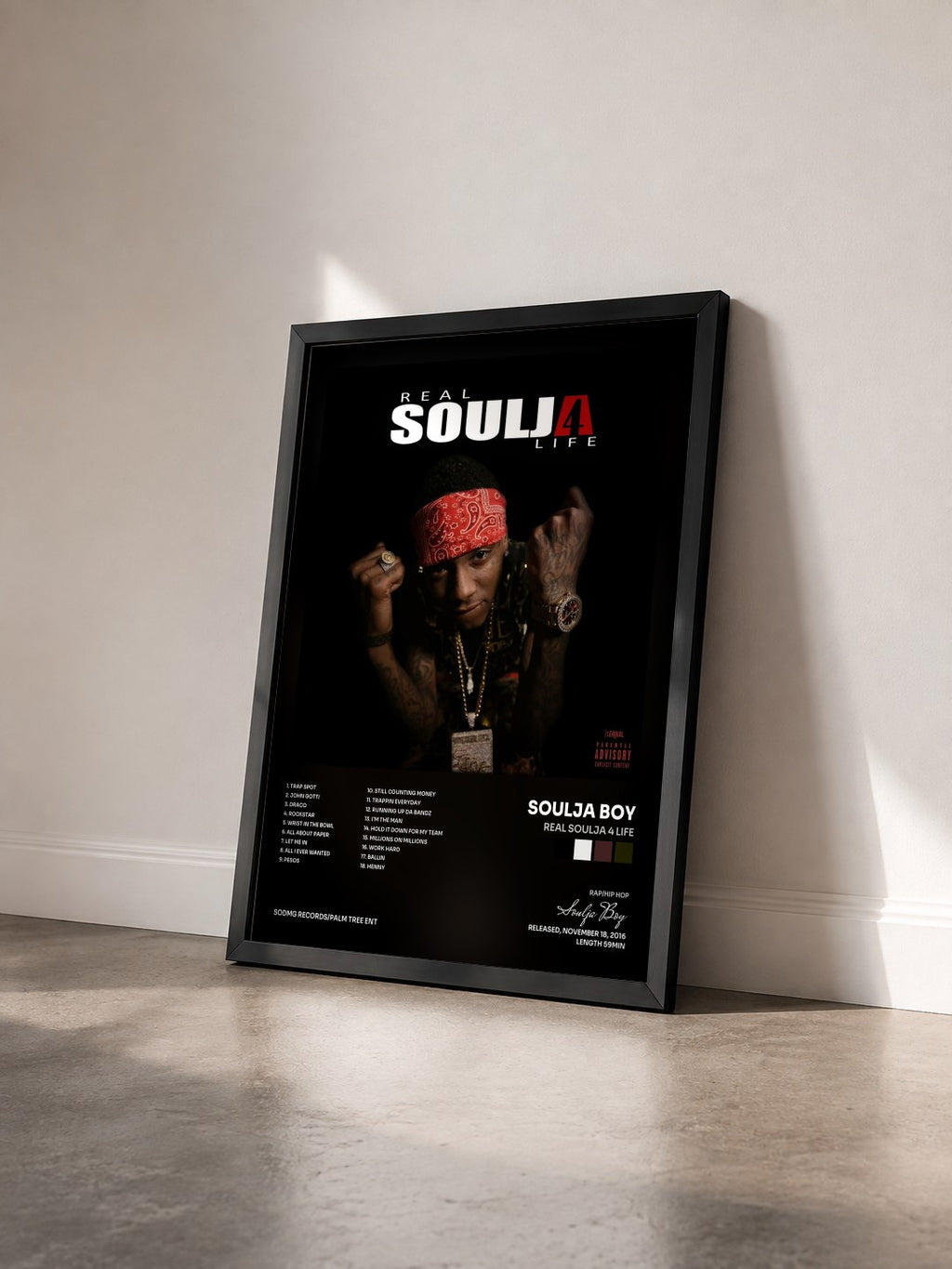 #noir Real Soulja 4 Life by Soulja Boy as a framed art print seen at an angle, black frame