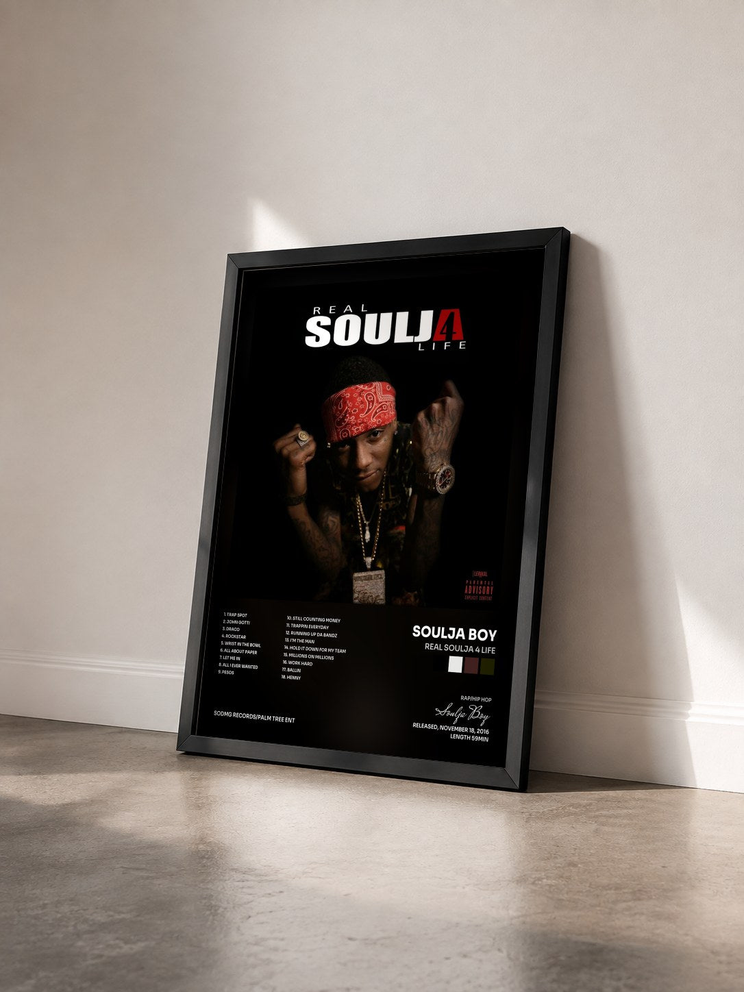 #noir Real Soulja 4 Life by Soulja Boy as a framed art print seen at an angle, black frame