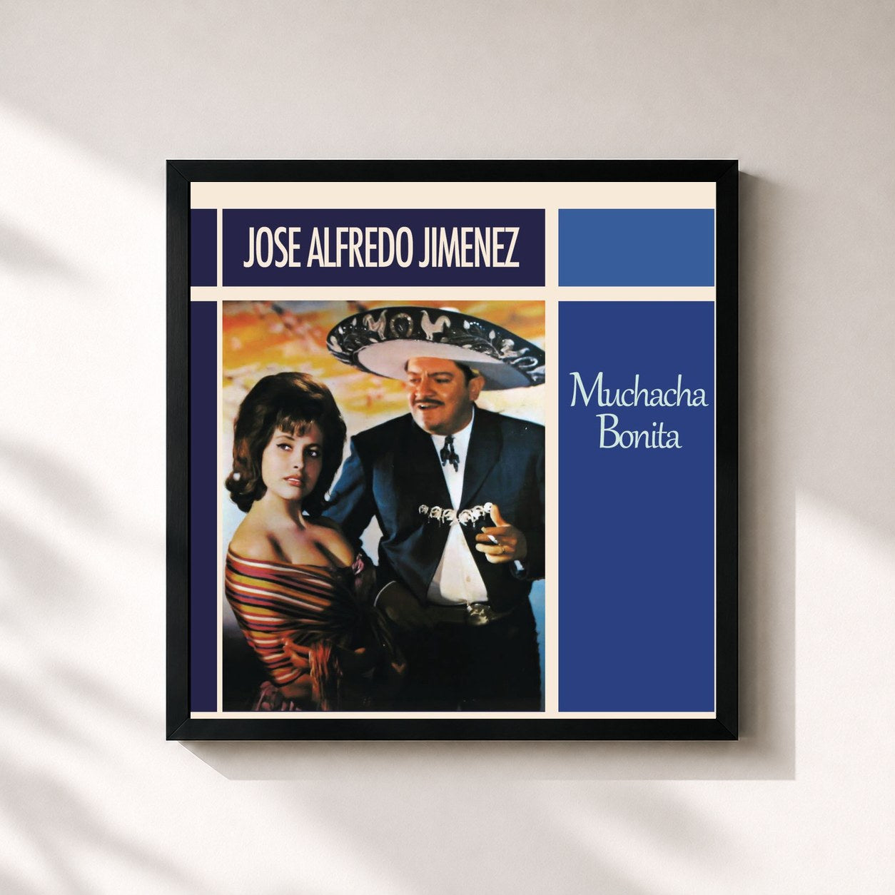 #noir Tableau carré de l'album Muchacha Bonita de José Alfredo Jiménez, cadre noir 32x32 cm
