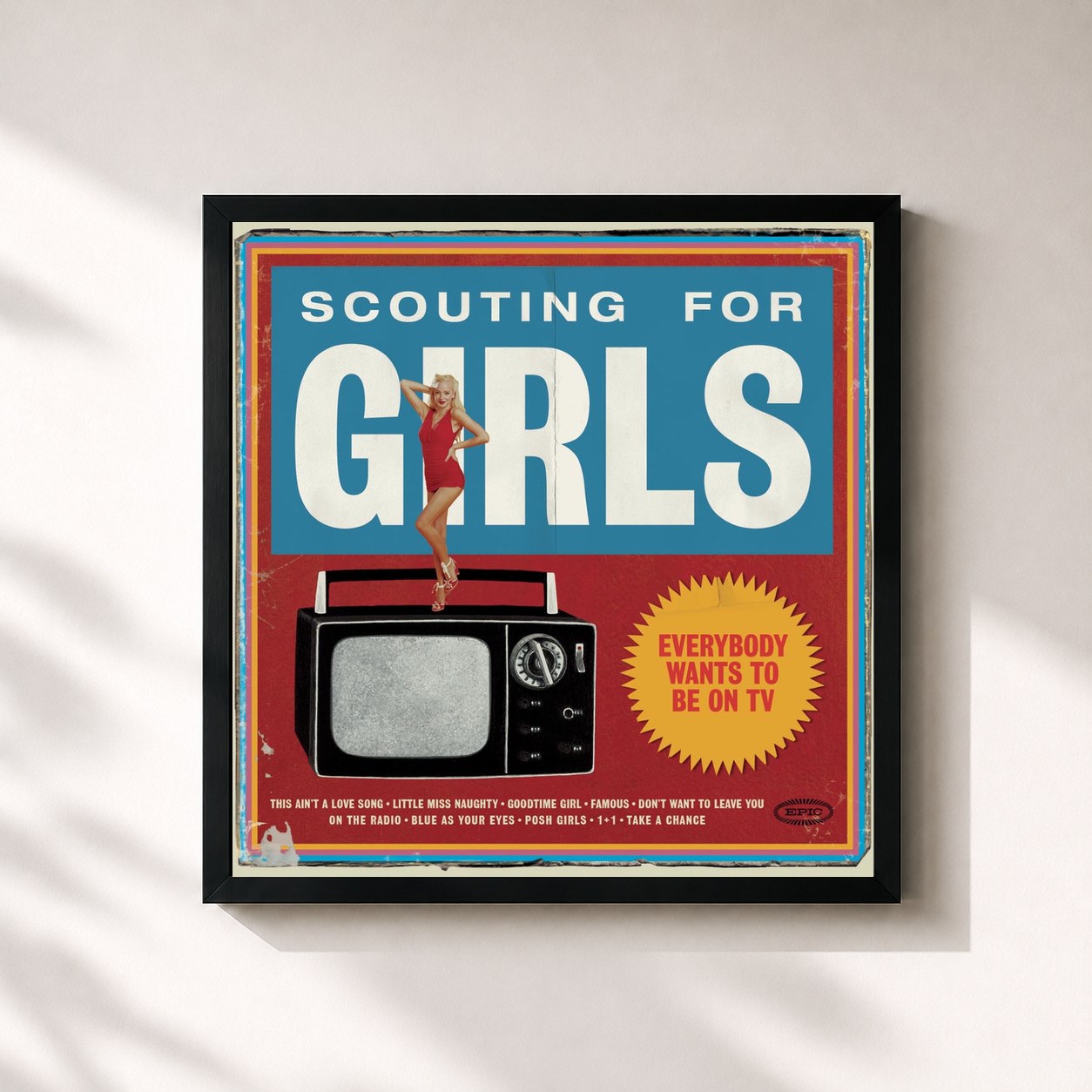 #noir Tableau carré de l'album Everybody Wants To Be On TV de Scouting for Girls, cadre noir 32x32 cm