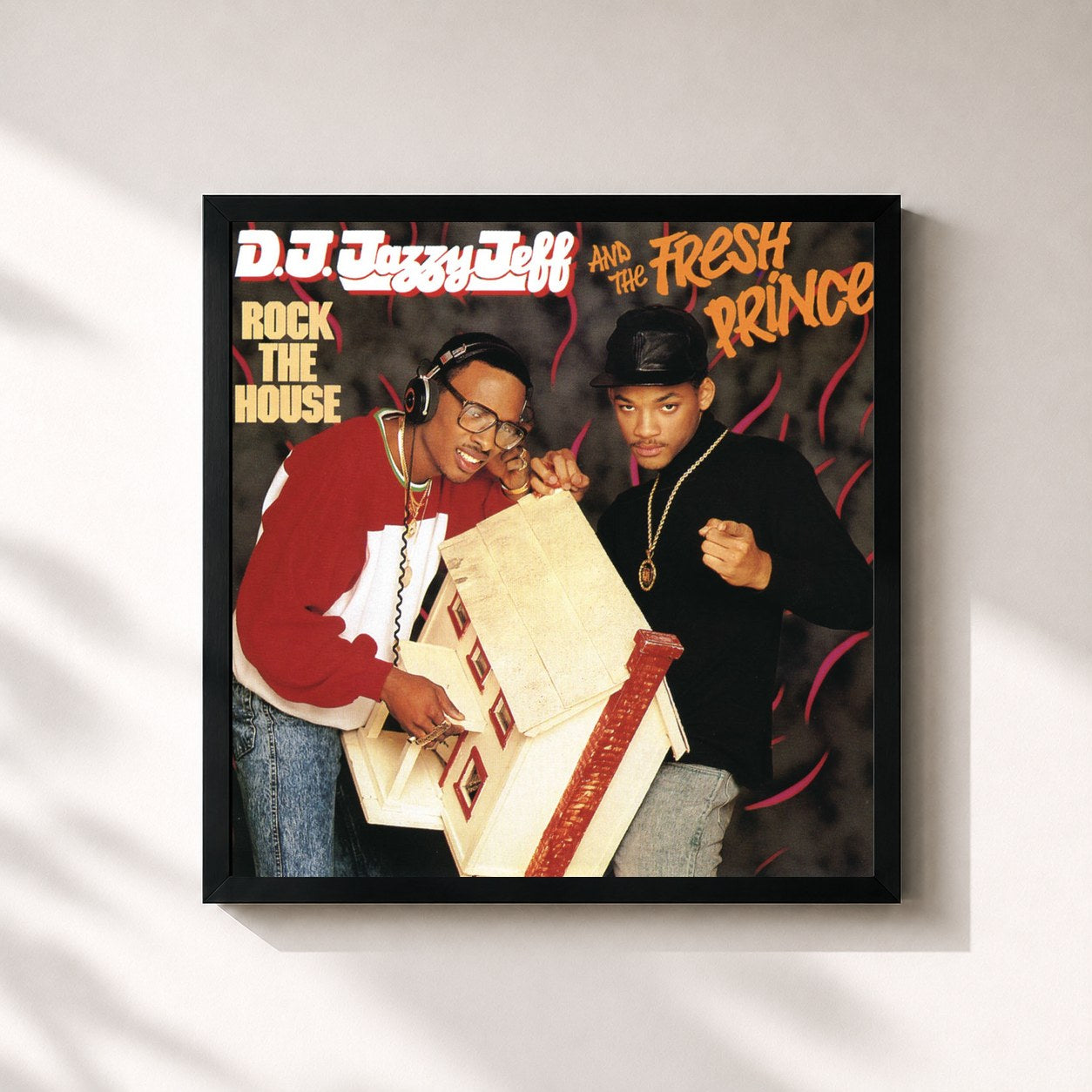 #noir Tableau carré de l'album Rock The House de DJ Jazzy Jeff & The Fresh Prince, cadre noir 32x32 cm