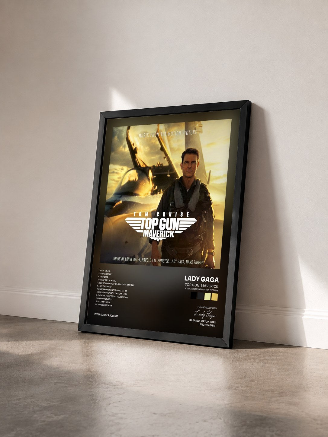 #noir Top Gun: Maverick (Music From The Motion Picture) by Lady Gaga as a framed art print seen at an angle, black frame