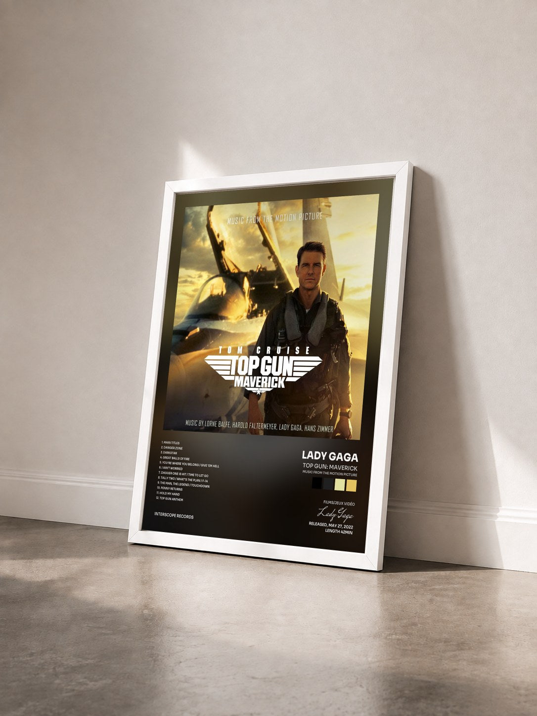 #blanc Top Gun: Maverick (Music From The Motion Picture) by Lady Gaga as a framed art print seen at an angle, white frame