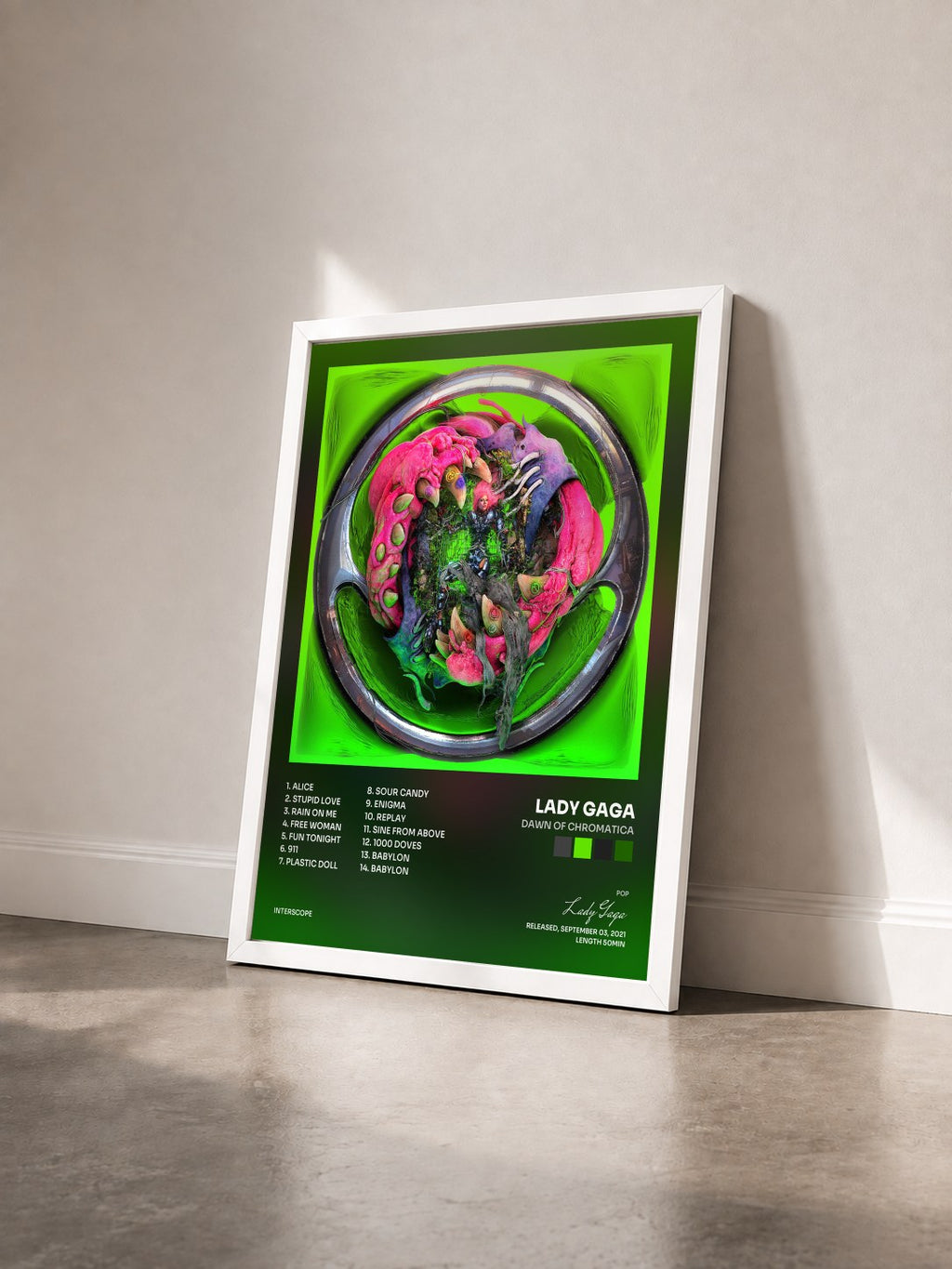 #blanc Tableau de l'album Dawn Of Chromatica de Lady Gaga vu de trois quarts, cadre blanc