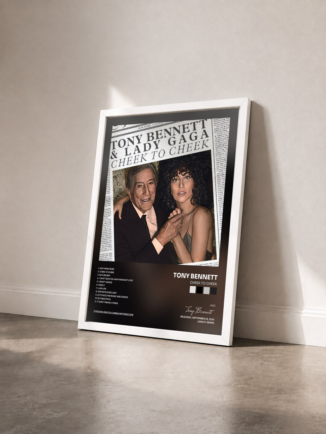 #blanc Tableau de l'album Cheek To Cheek de Tony Bennett vu de trois quarts, cadre blanc