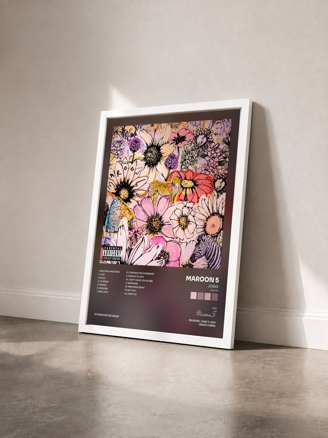 #blanc Tableau de l'album JORDI (Deluxe) de Maroon 5 vu de trois quarts, cadre blanc