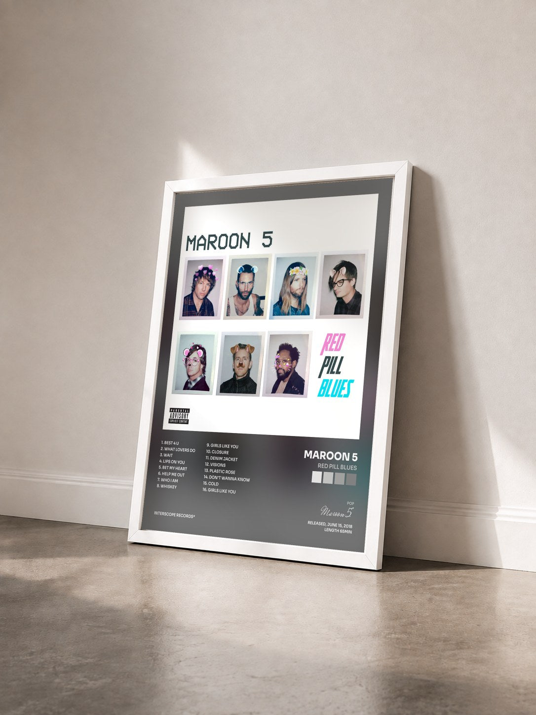 #blanc Tableau de l'album Red Pill Blues de Maroon 5 vu de trois quarts, cadre blanc