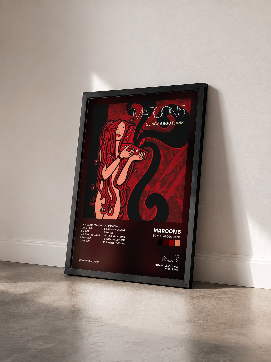 #noir Tableau de l'album Songs About Jane de Maroon 5 vu de trois quarts, cadre noir