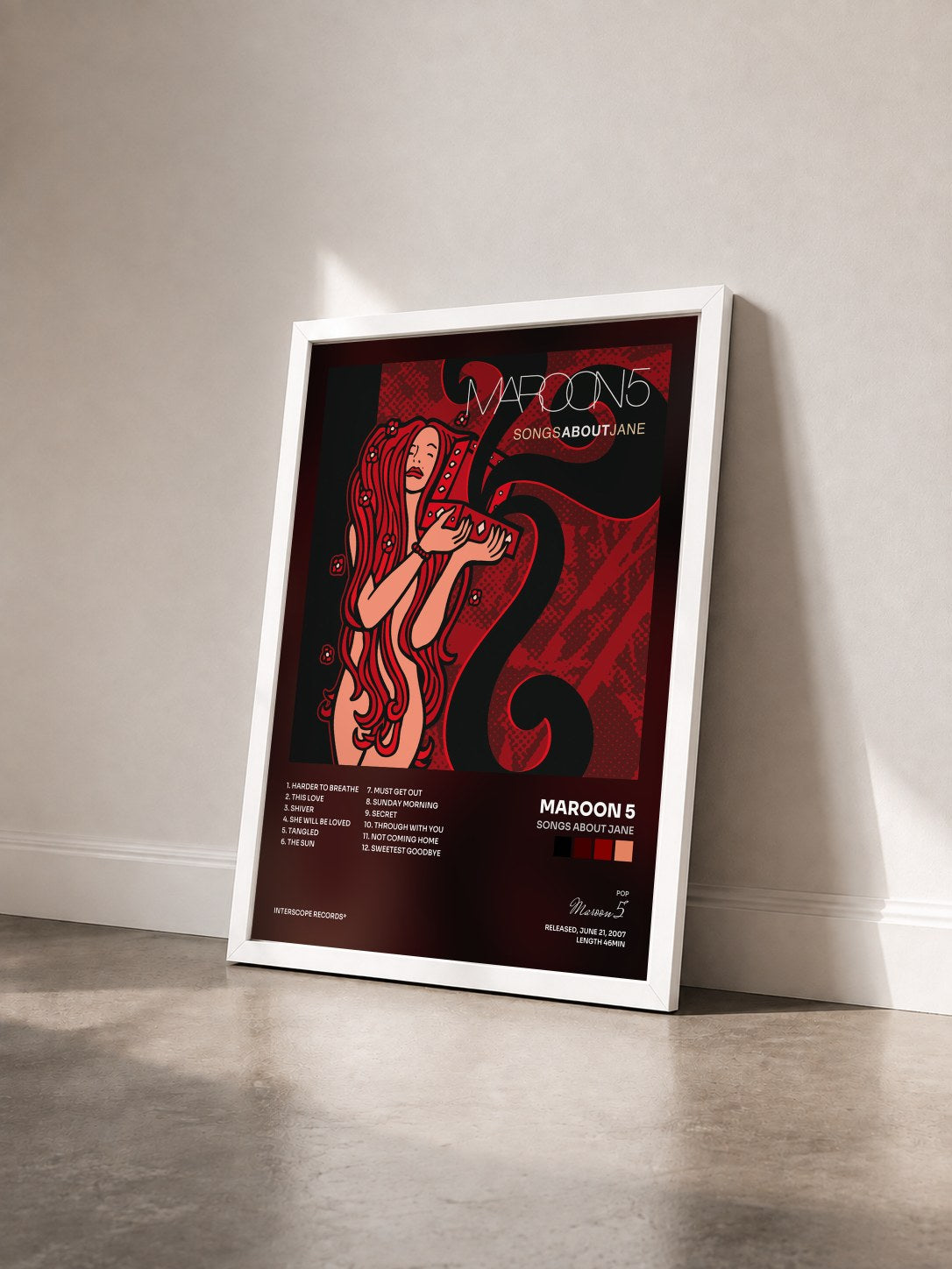 #blanc Tableau de l'album Songs About Jane de Maroon 5 vu de trois quarts, cadre blanc