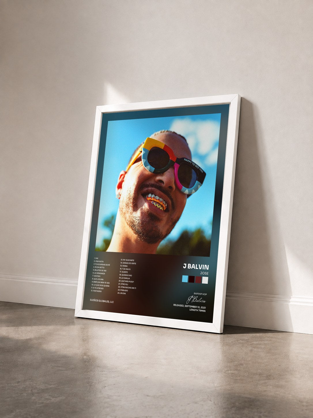 #blanc Tableau de l'album JOSE de J Balvin vu de trois quarts, cadre blanc