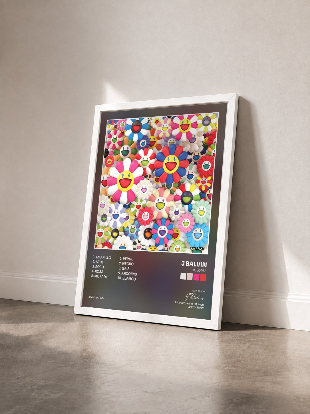 #blanc Tableau de l'album Colores de J Balvin vu de trois quarts, cadre blanc