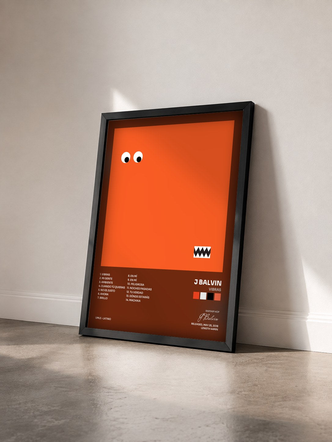 #noir Vibras by J Balvin as a framed art print seen at an angle, black frame